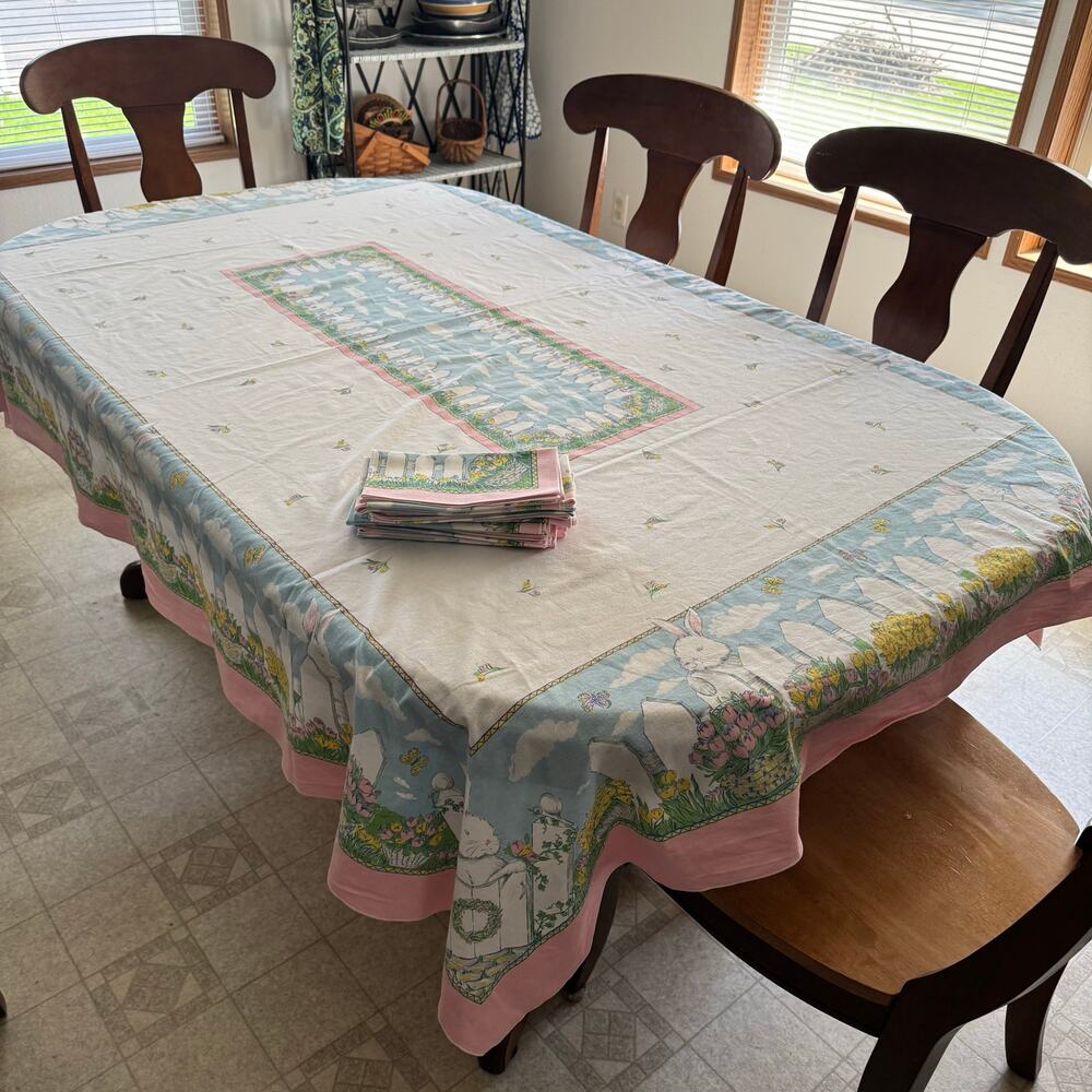 Vintage Easter Bunny Spring Flowers 60x82" Tablecloth 12 Napkins Pink Blue Green